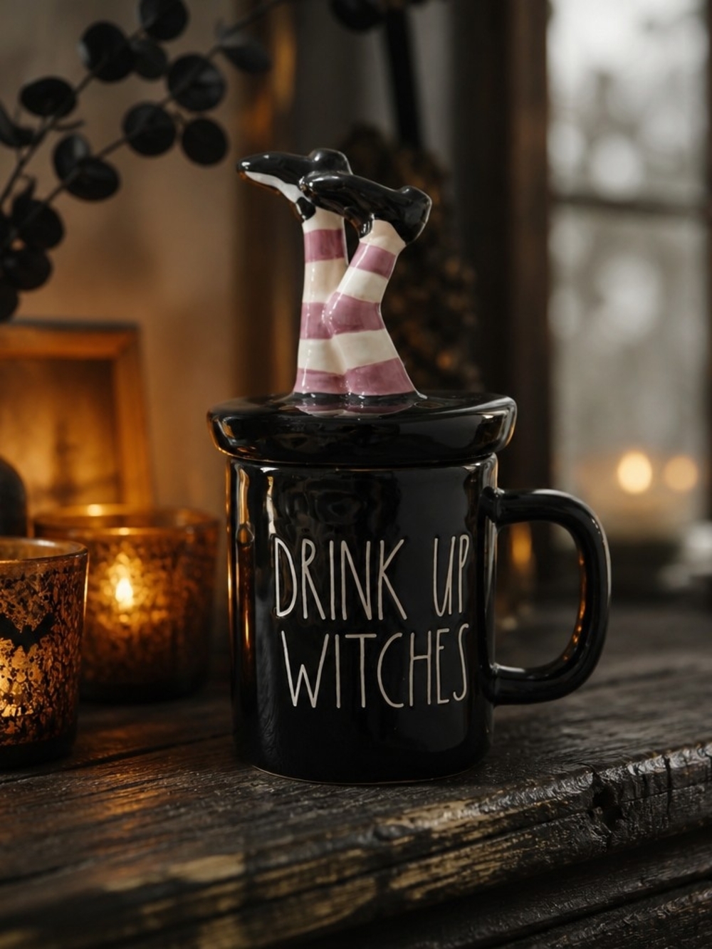 Rae Dunn Drink Up Witches Halloween Mug Witches Legs Lid Black Purple - Picture 2 of 10